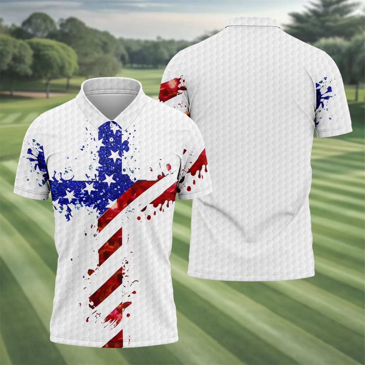 Red White Blue Paint Splash Faith Cross Patriotic Golf Shirt, 250 Years 4th Of July Golf Shirts For Men