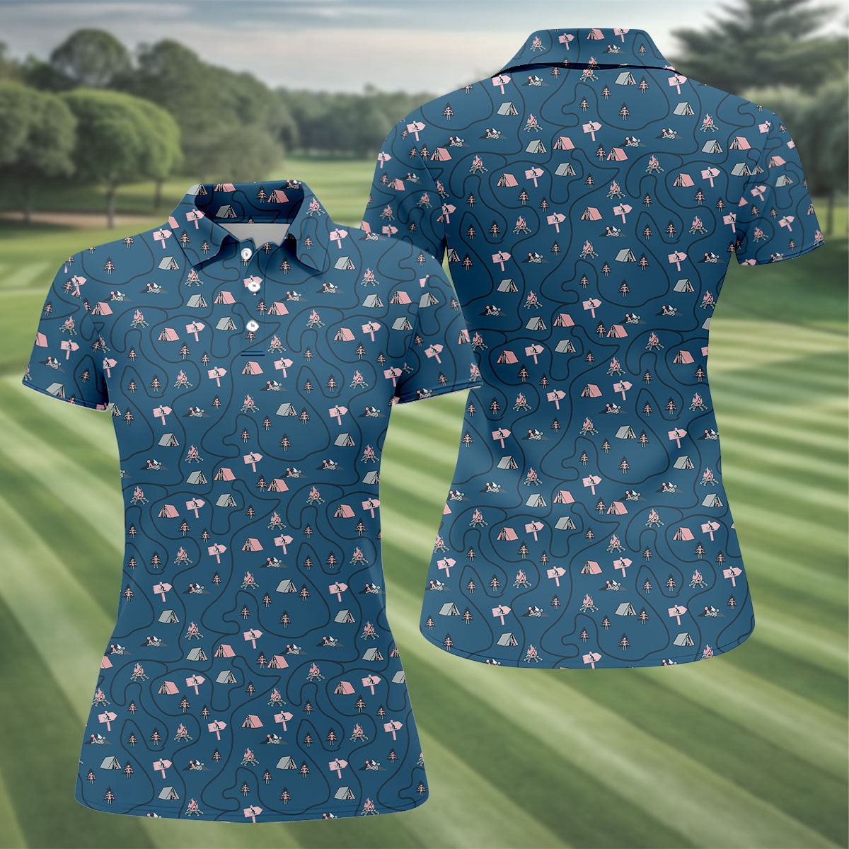 Funny Adult Camping Pattern Polo Shirt, Golf Shirts For Women, Ladies Golf Tops