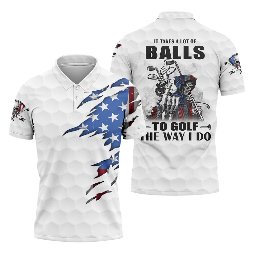 It Takes A Lot Of Balls Funny Golf Polo - Skeleton Reaper Patriotic Men's Shirt, 250th Anniversary Ripped USA Flag