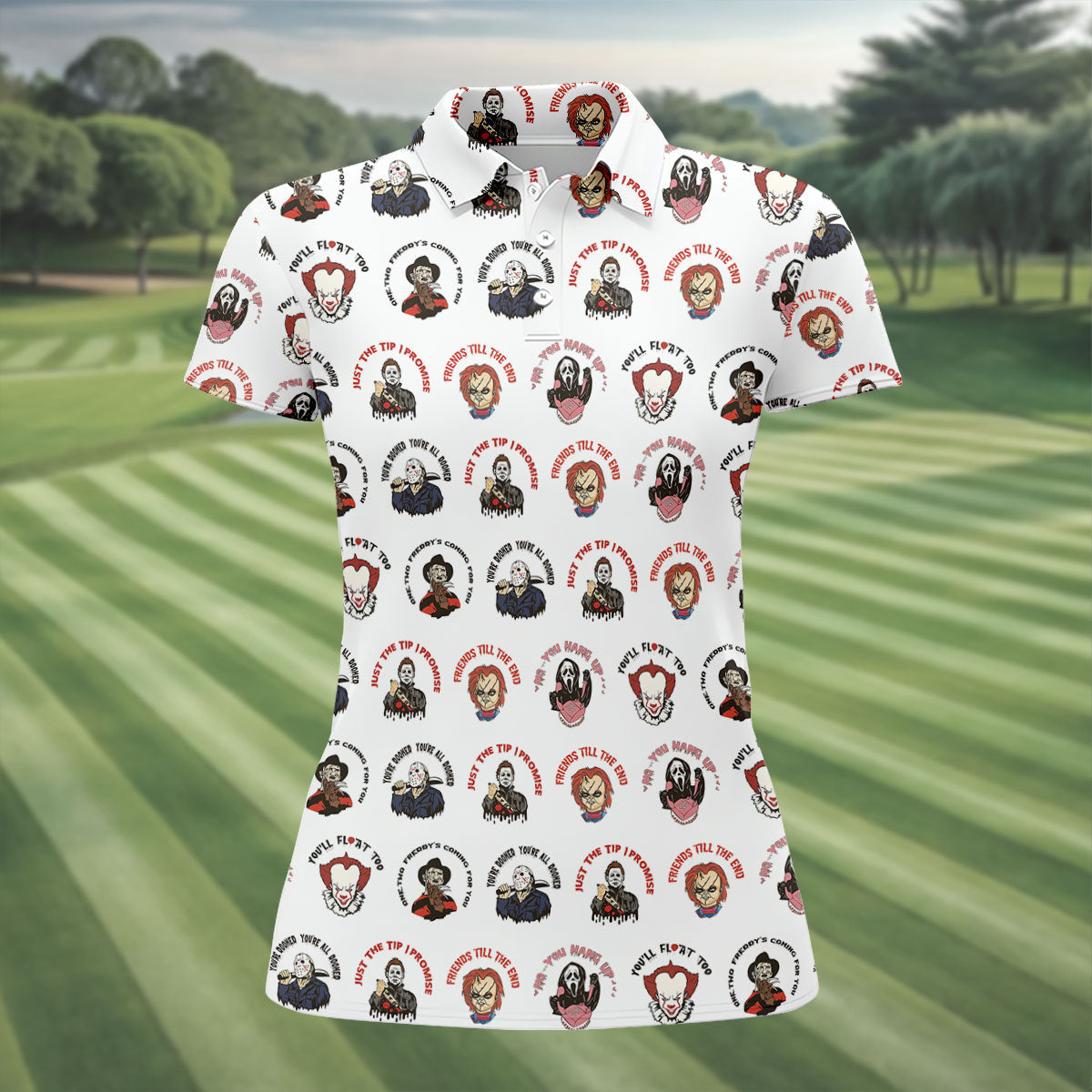 Just The Tip I Promise Horror Character Villains Golf Polo Shirt, Womens Golf Polo, Ladies Golf Shirts