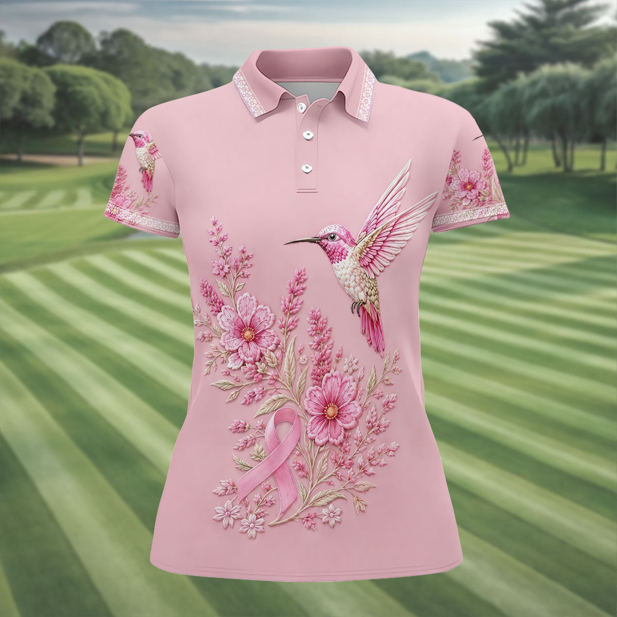 Hummingbird Floral Breast Cancer Ribbon Polo Shirt, Ladies Golf Tops, Golf Shirts For Women
