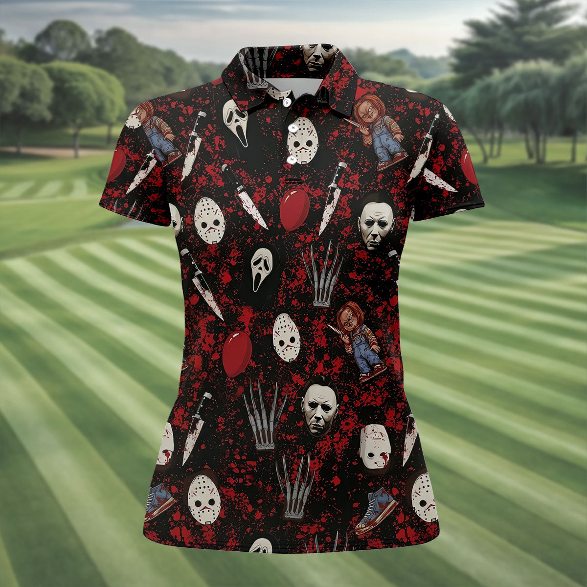 Halloween Horror Character Mask Pattern Hawaiian Golf Shirt, Women's Golf Tops, Golf Polo For Women