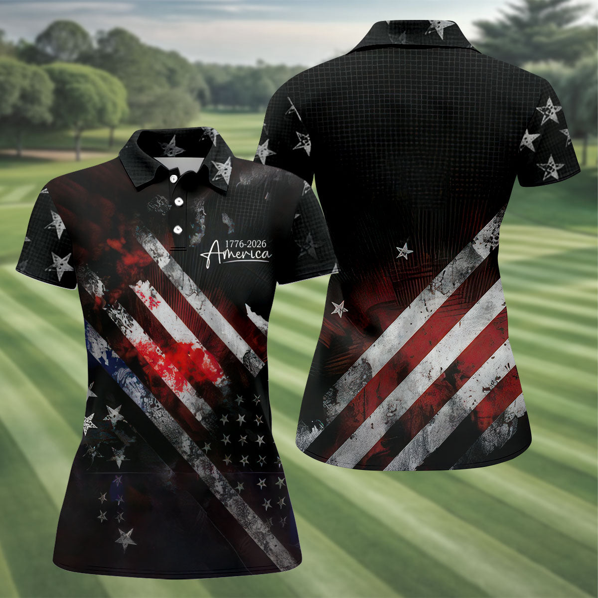 1776-2026 America Distressed Flag Black Golf Shirt, Patriotic 4th Of July Golf Shirt For Women
