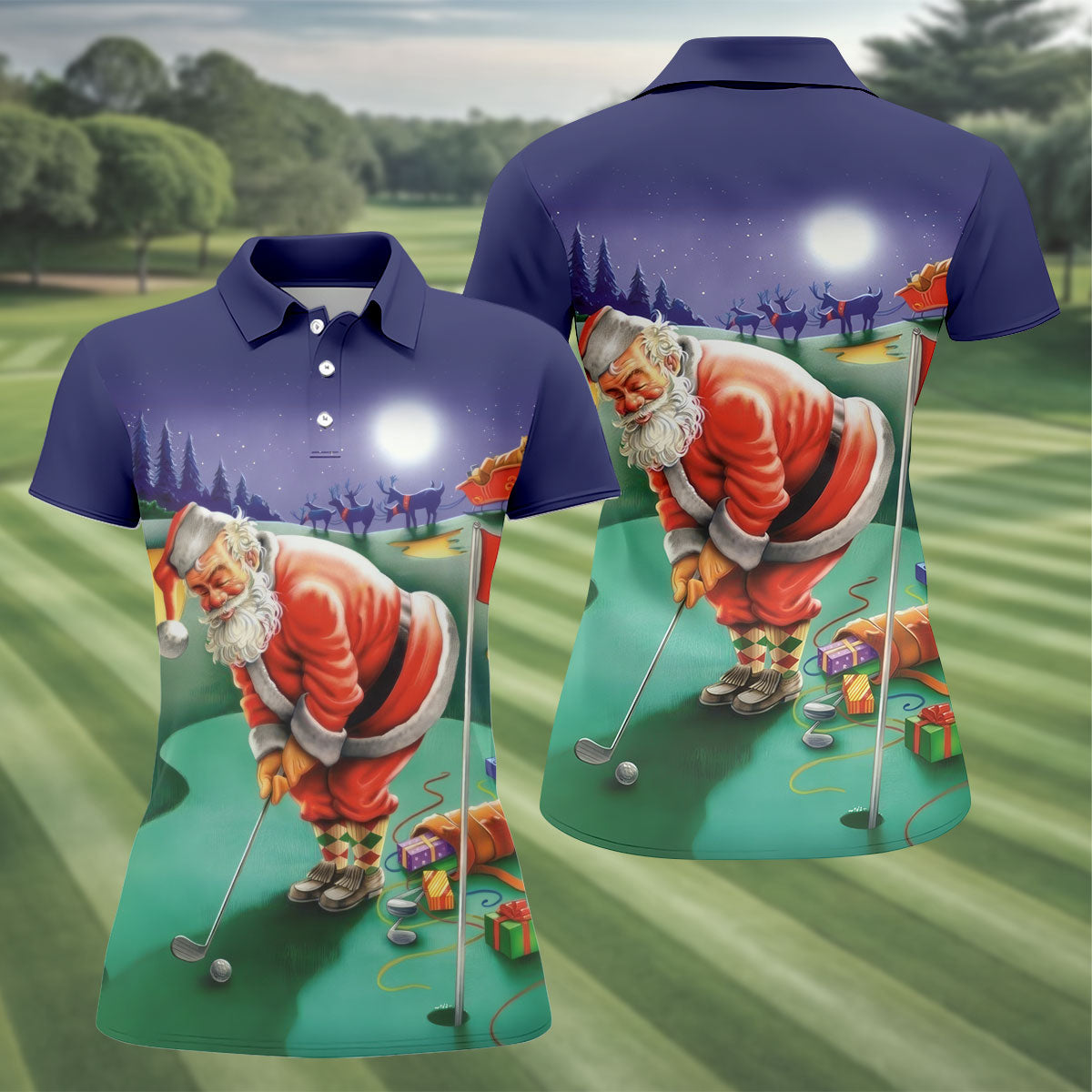 Women's Santa Night Golf Scene Golf Shirt, Christmas Golf Shirt, Women’s Golf Apparel