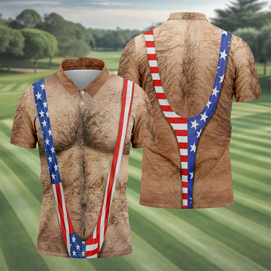 Hairy Body Funny Print Patriotic Golf Shirt, 250th Anniversary 4th Of July Golf Shirts For Men