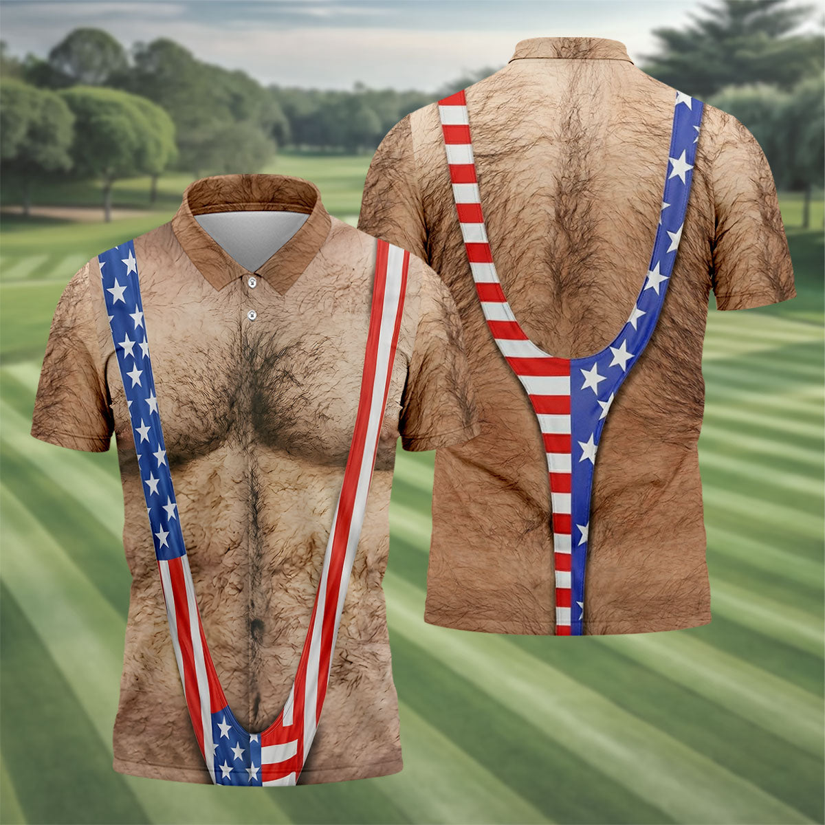 Hairy Body Funny Print Patriotic Golf Shirt, 250th Anniversary 4th Of July Golf Shirts For Men