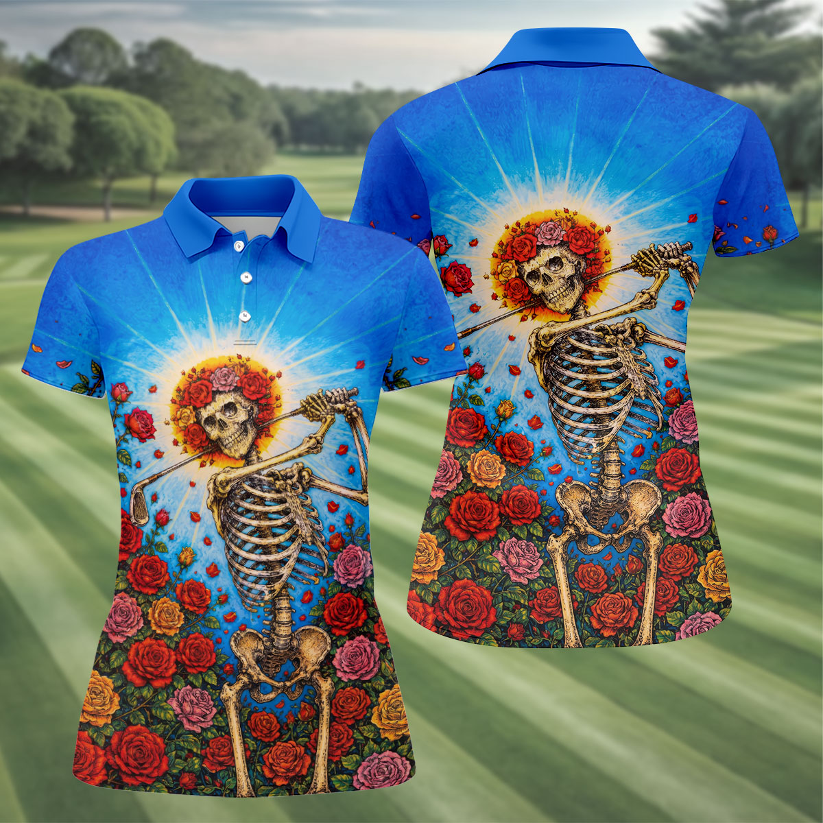 Skeleton Blowing Golf Club Halloween Polo Shirt, Women’s Golf Polo, Ladies Golf Top