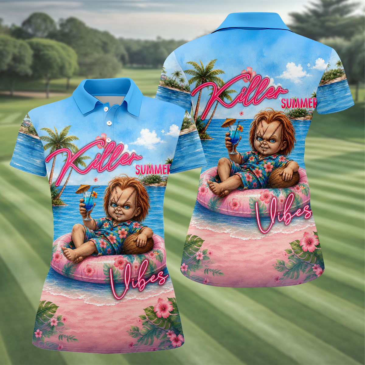 Killer Summer Vibes Evil Doll Golf Polo Shirt, Ladies Golf Shirts, Golf Polo For Women