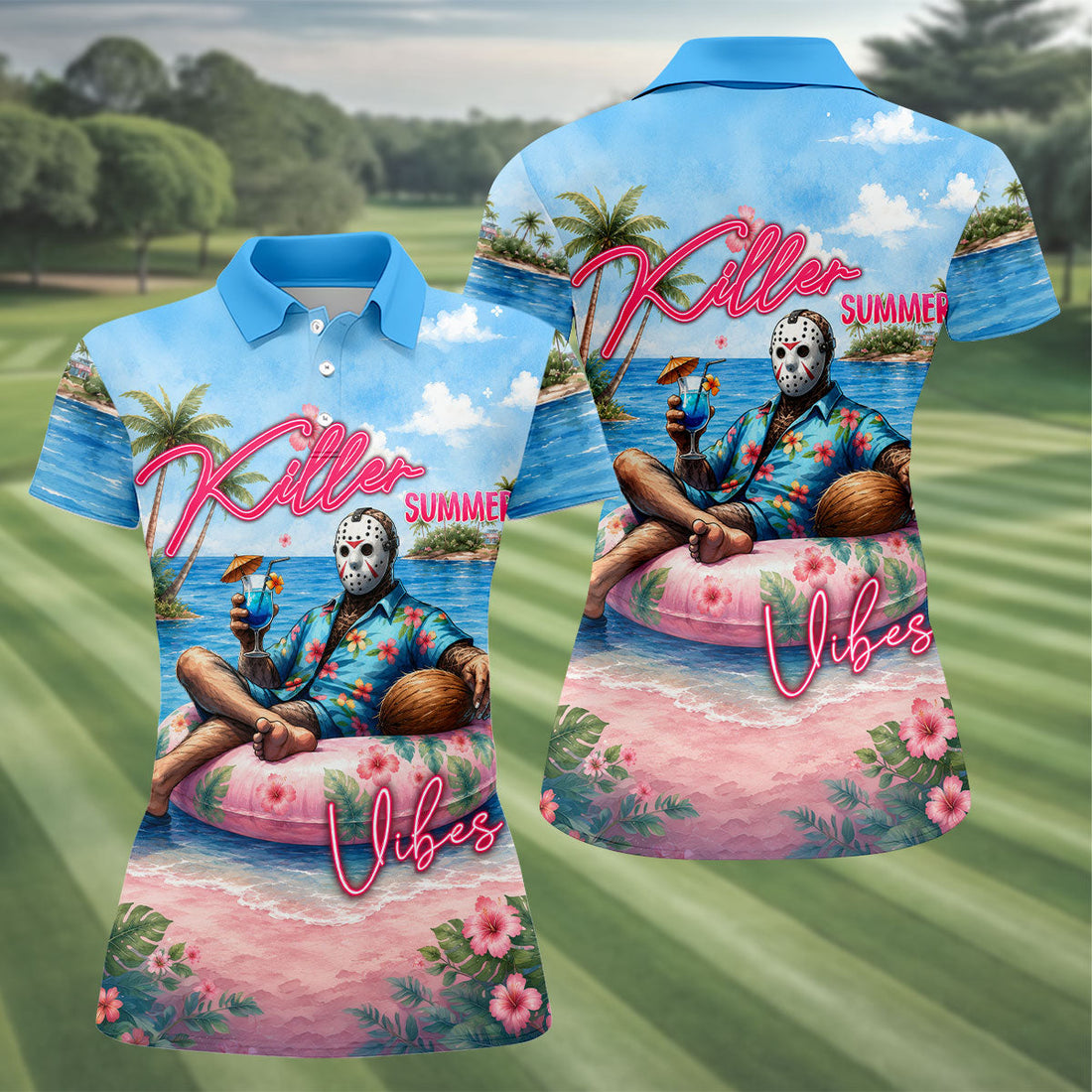 Killer Summer Vibes Hockey Mask Slasher Golf Polo Shirt, Women's Golf Polo, Ladies Golf Tops