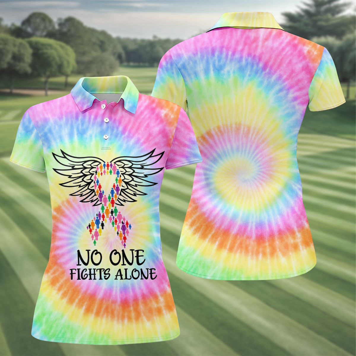 No One Fights Alone Cancer Ribbon Wings Polo Shirt, Women's Golf Polo, Ladies Golf Shirts