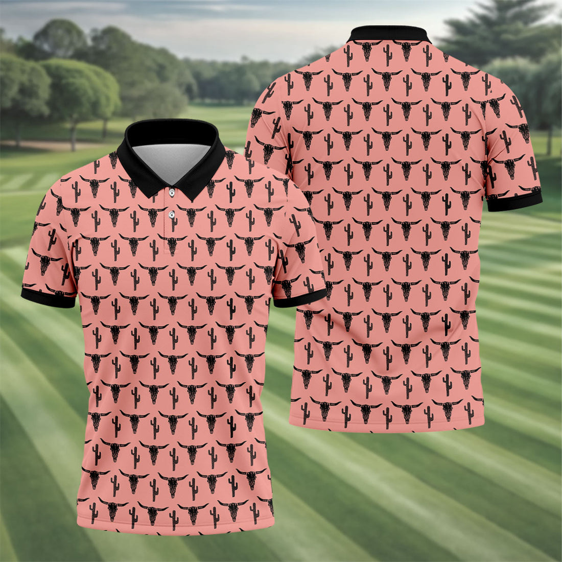 Longhorn Cow Skull Western Theme Peach Pink Golf Tops For Men, Polo Shirts For Men, Golf Shirts For Men