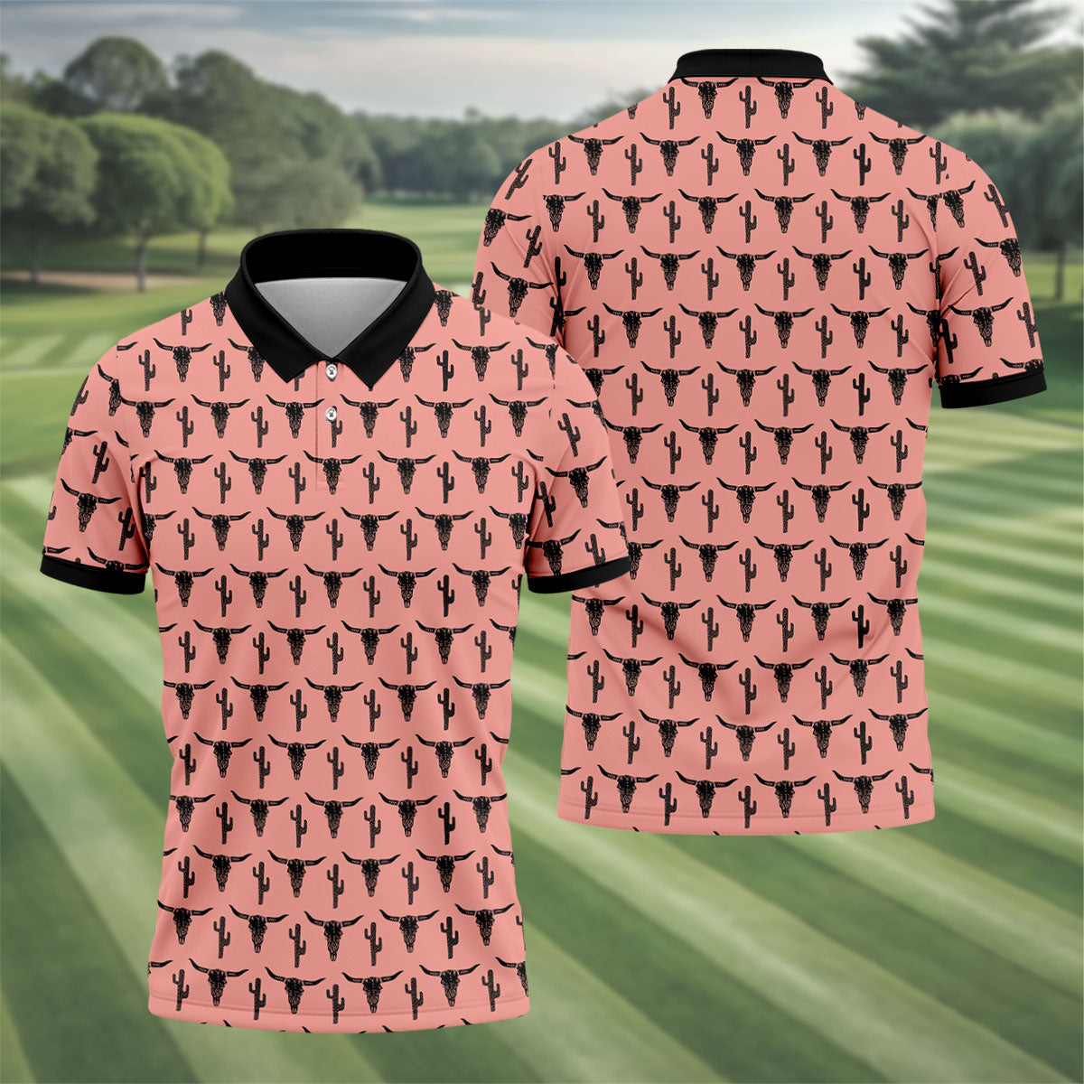 Longhorn Cow Skull Western Theme Peach Pink Golf Tops For Men, Polo Shirts For Men, Golf Shirts For Men