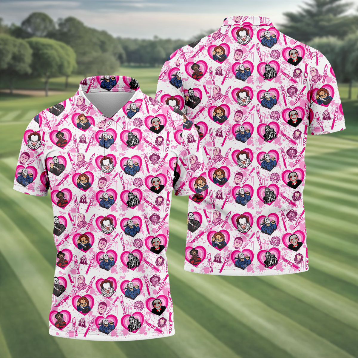 Pink Horror Character Pattern Golf Polo Shirt for Men Halloween Golf Apparel Printed Golf Shirts