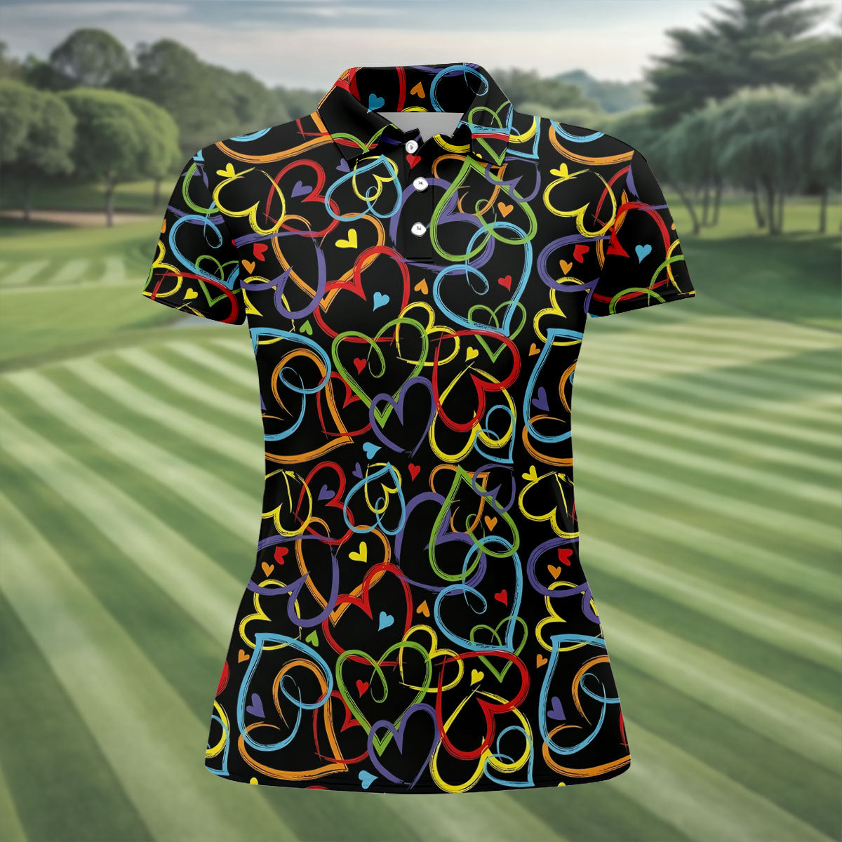 Colorful Heart Outline Pattern Golf Polo Shirt, Golf Shirts For Women, Ladies Golf Shirt