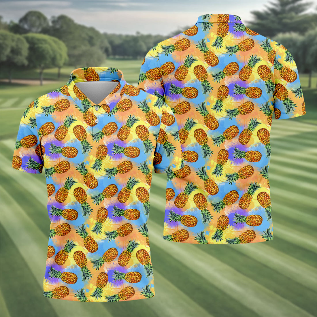 Watercolor Pineapple Tropical Pattern Design Hawaiian Golf Shirt, Golf Shirts For Men, Polo Shirts For Men