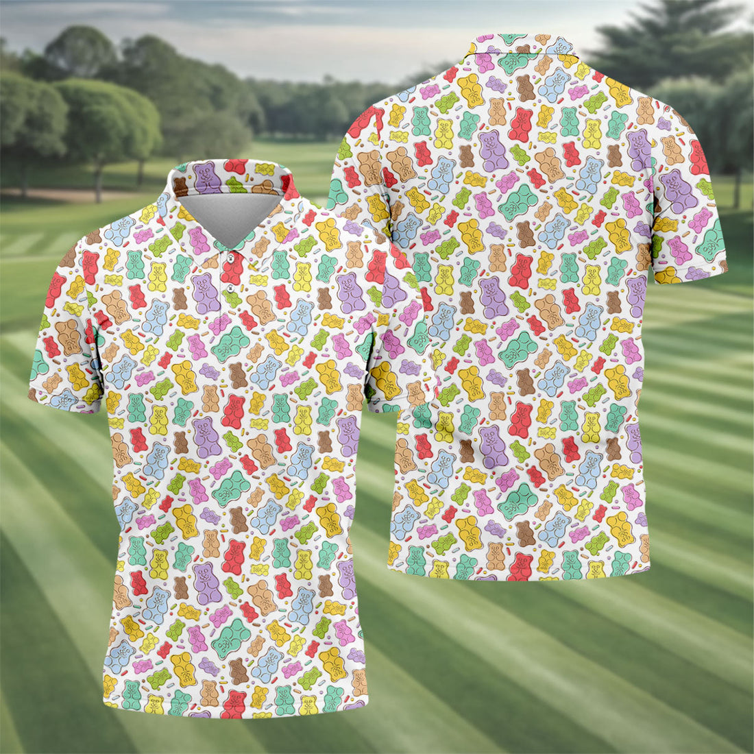 Gummy Bear Golf Shirt, Colorful Candy Pattern Men's Golf Polo, Polo Shirts For Men