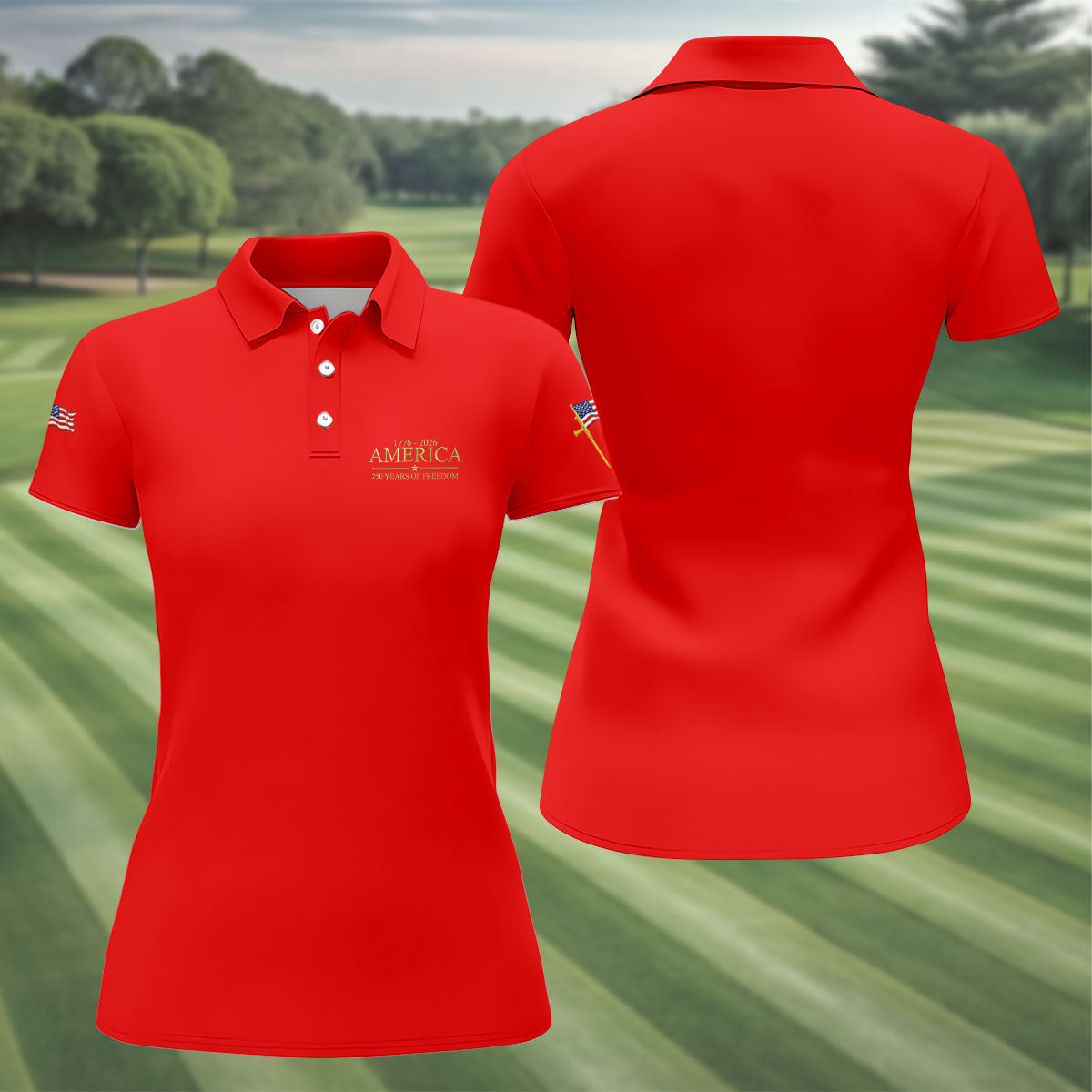 America 250 Years Of Freedom Faith Cross Red Golf Shirt, Patriotic 4th Of July Golf Shirt For Women