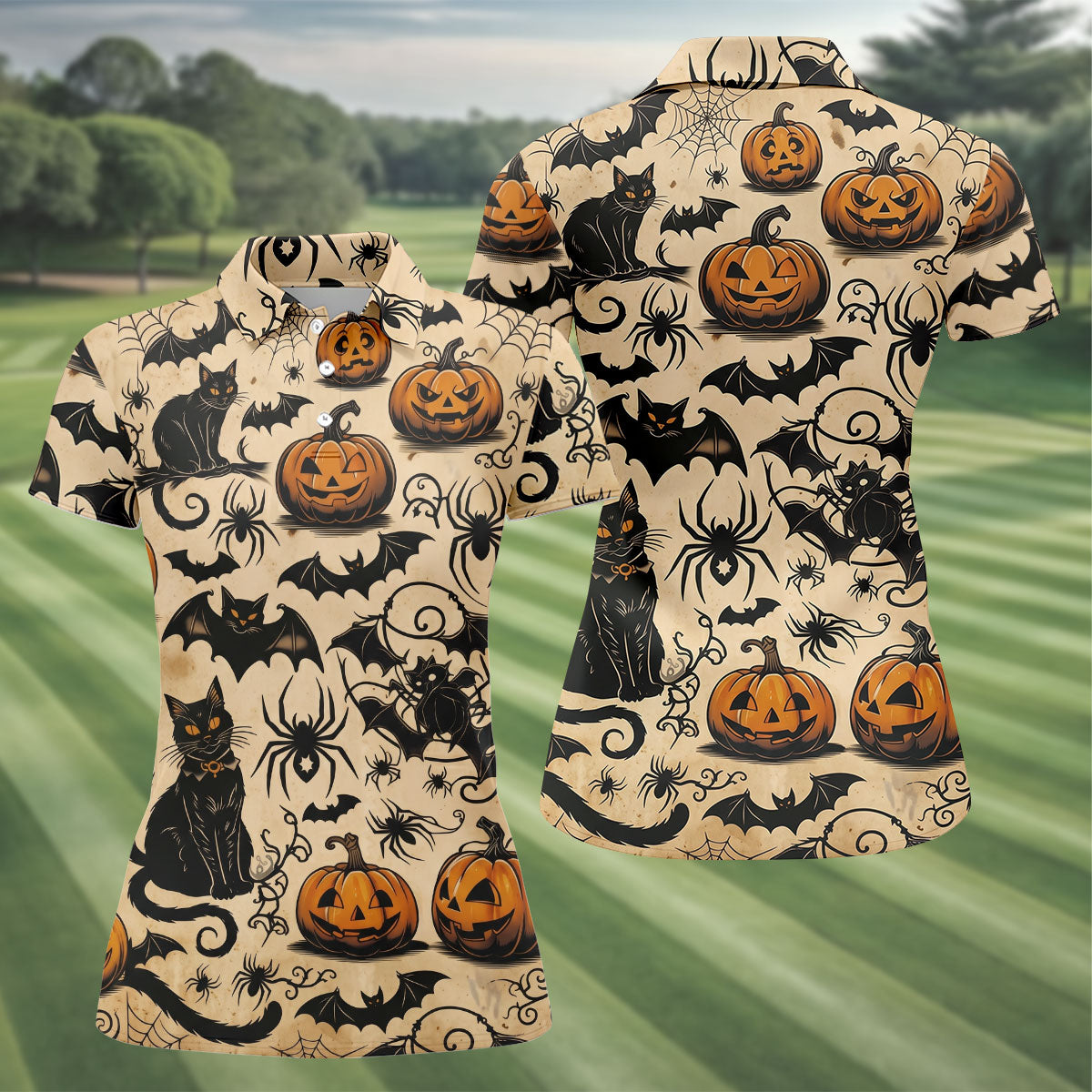 Vintage Halloween Cat Pumpkin Pattern Golf Polo Shirt, Womens Golf Polo, Ladies Golf Shirts