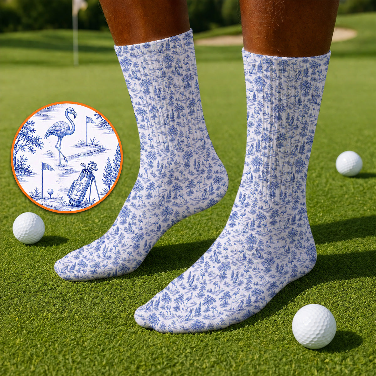 Toile De Jouy Flamingo Golf Crew Sock, Crazy Pink Golf Socks, Golf Gift For Golfer