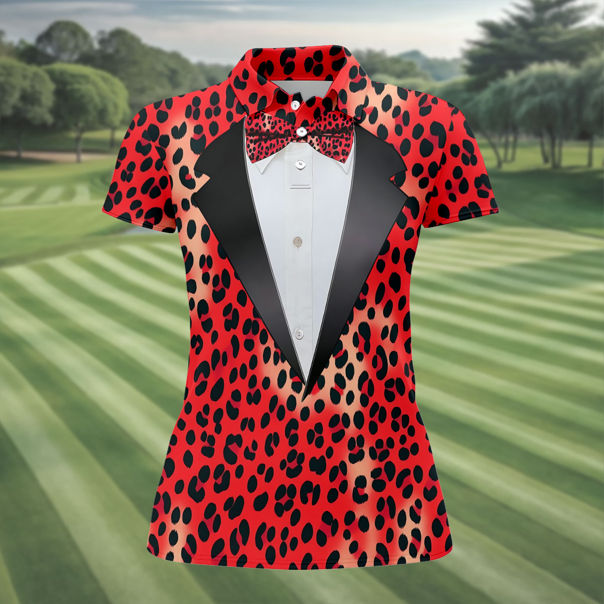 Red Leopard Funny Costume Hawaiian Golf Shirt, Ladies Golf Tops, Golf Shirt For Women