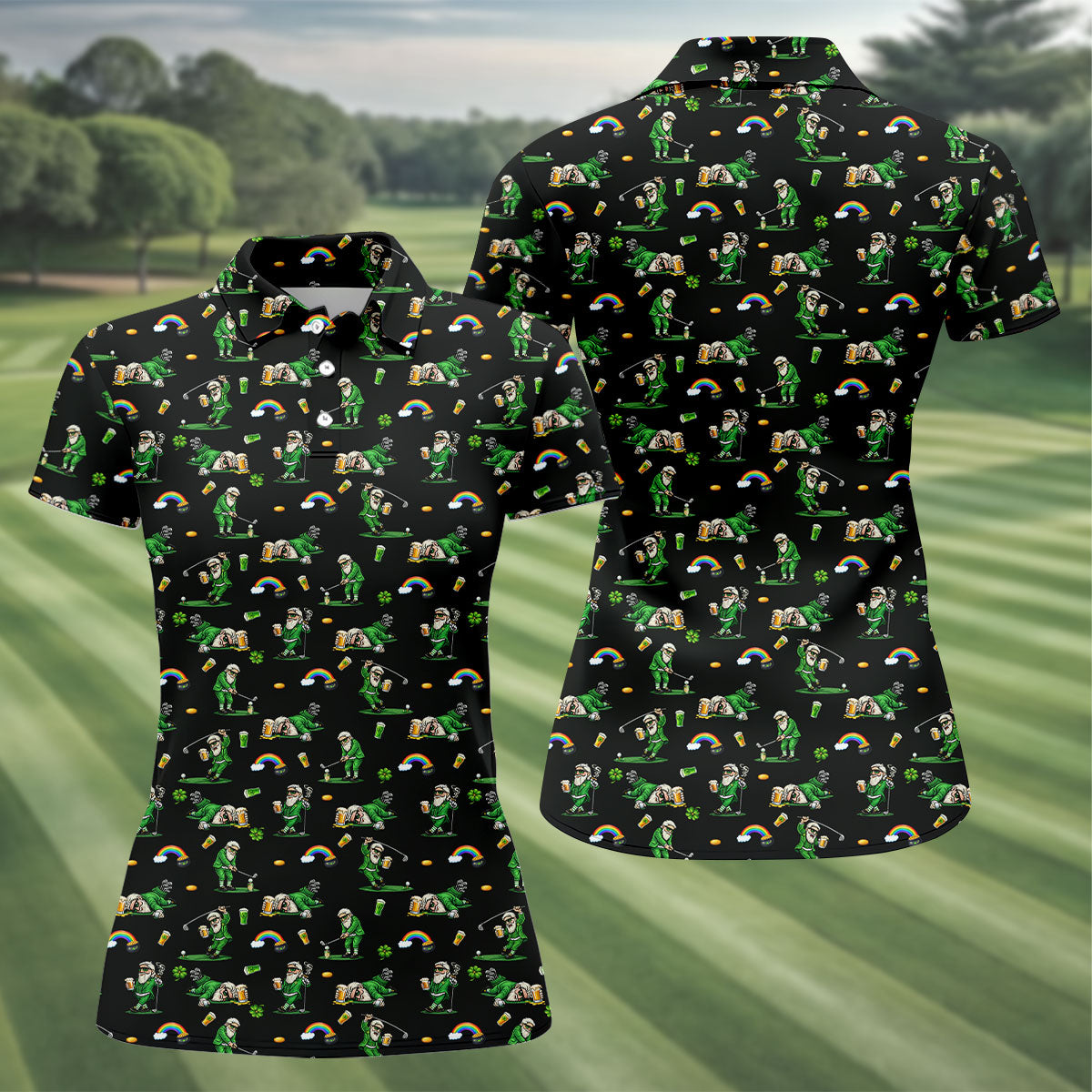 St Patrick's Day Leprechaun Character Golf And Beer Black Golf Shirt, Fun Women's Golf Shirts, Ladies Golf Polos