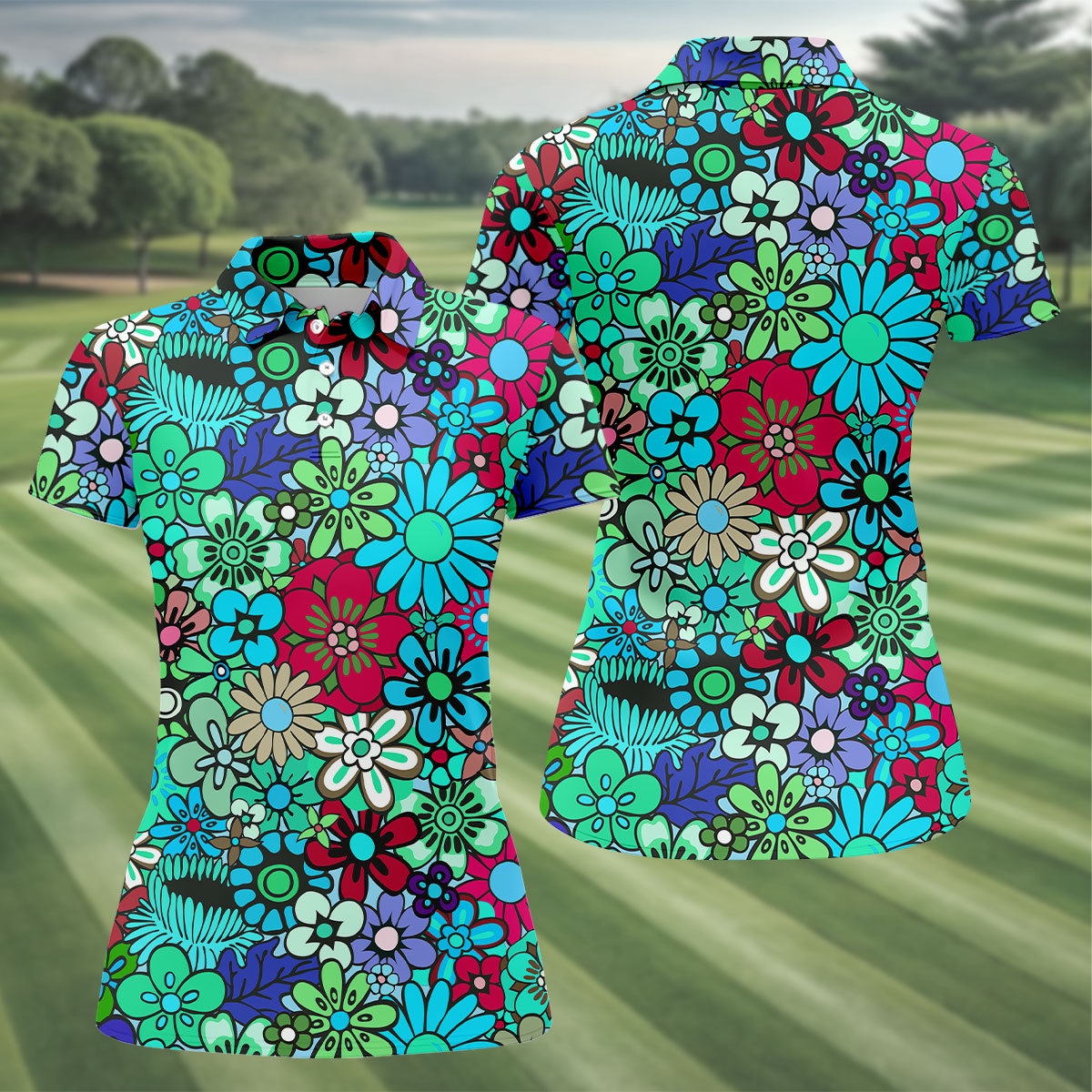 Blue Green Retro Flower Power Golf Shirt, Women’s Golf Polo, Hawaiian Golf Shirt, Golf Tops For Women