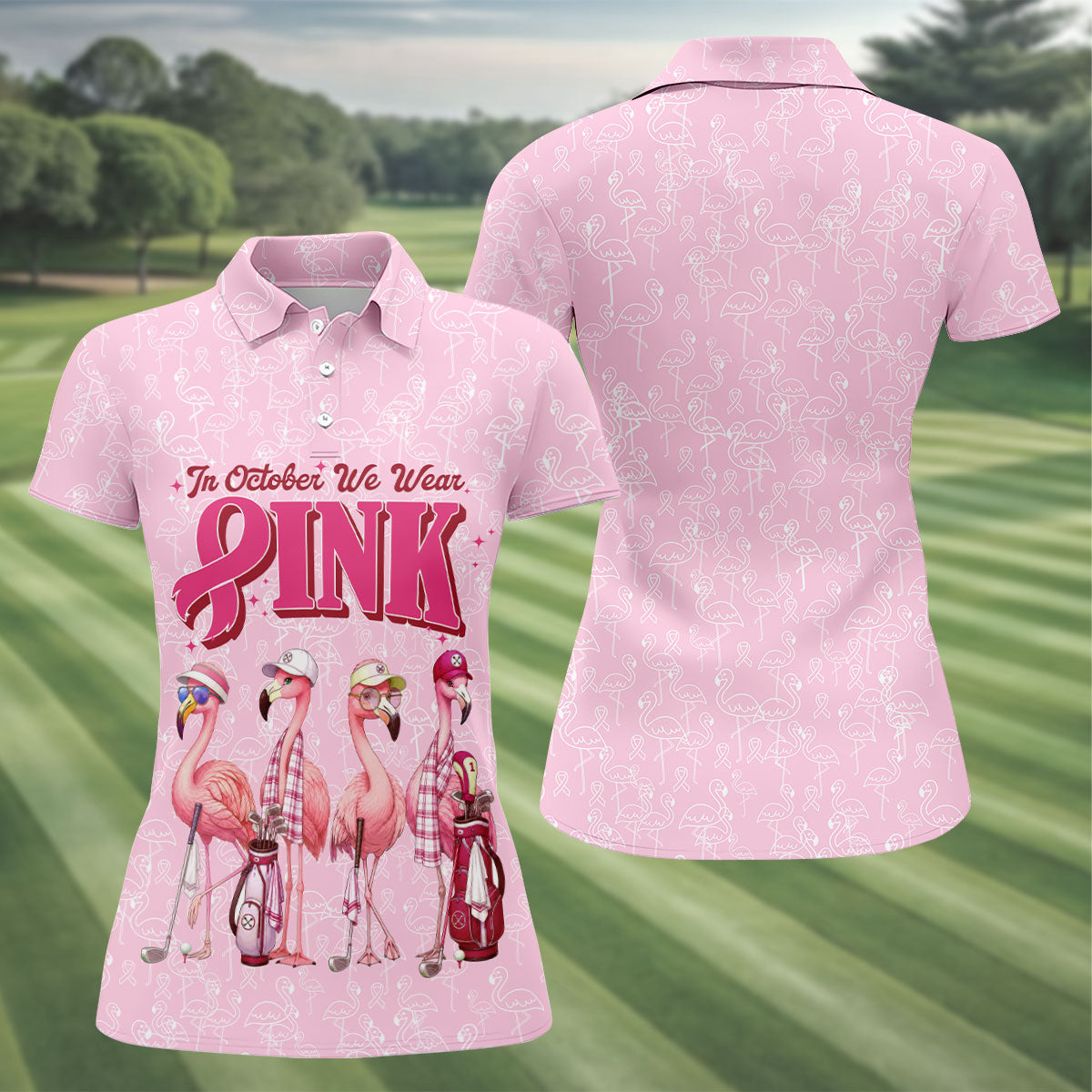 In October We Wear Pink Flamingo Breast Cancer Polo, Ladies Golf Shirts, Womens Golf Tops
