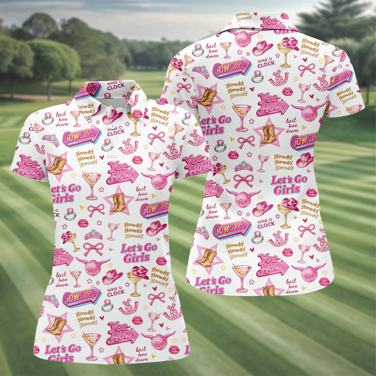 Pink Cowgirl Western Party Icons Golf Polo Shirt, Golf Shirts For Women, Ladies Golf Shirt