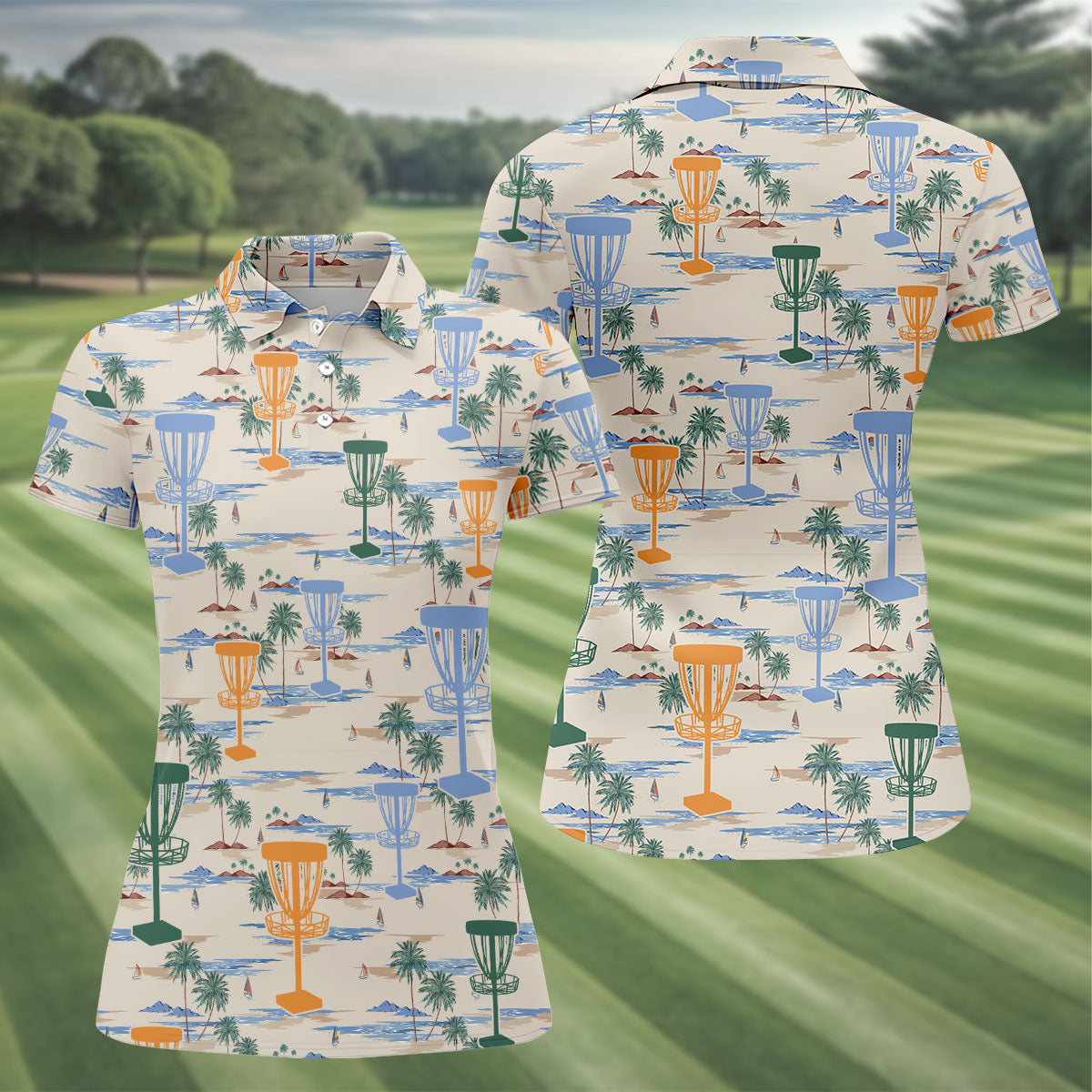 Beach Disc Golf Basket Pattern Polo Shirt, Golf Shirts For Women, Women’s Golf Polo