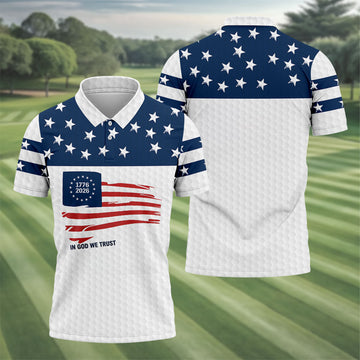 In God We Trust Golf Ball Pattern US Flag Golf Shirt, 250 Years 4th Of July Golf Shirts For Men