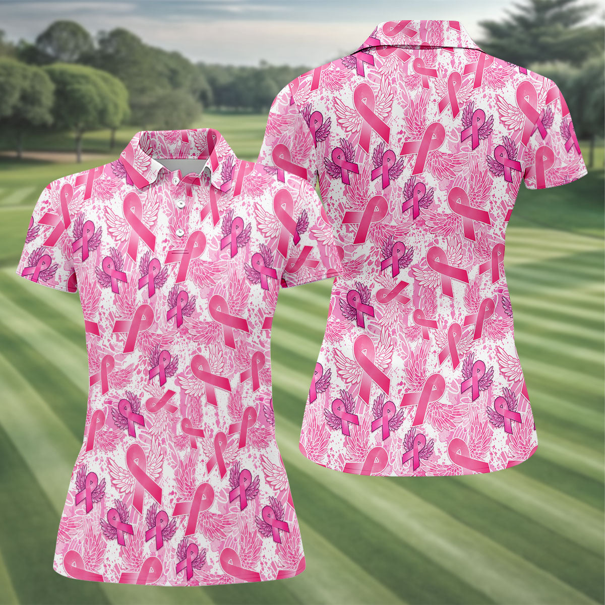 Breast Cancer Pink Ribbon Angel Wings Polo Shirt, Women's Golf Polo, Golf Tops For Women