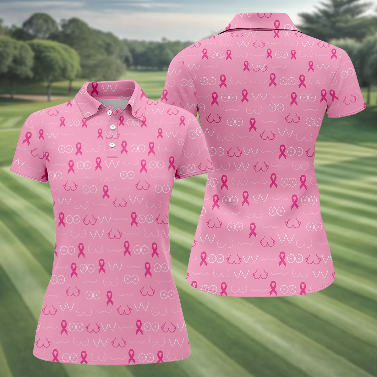 Pink Breast Line Art Breast Cancer Polo Shirt, Women’s Golf Polo, Ladies Golf Shirts