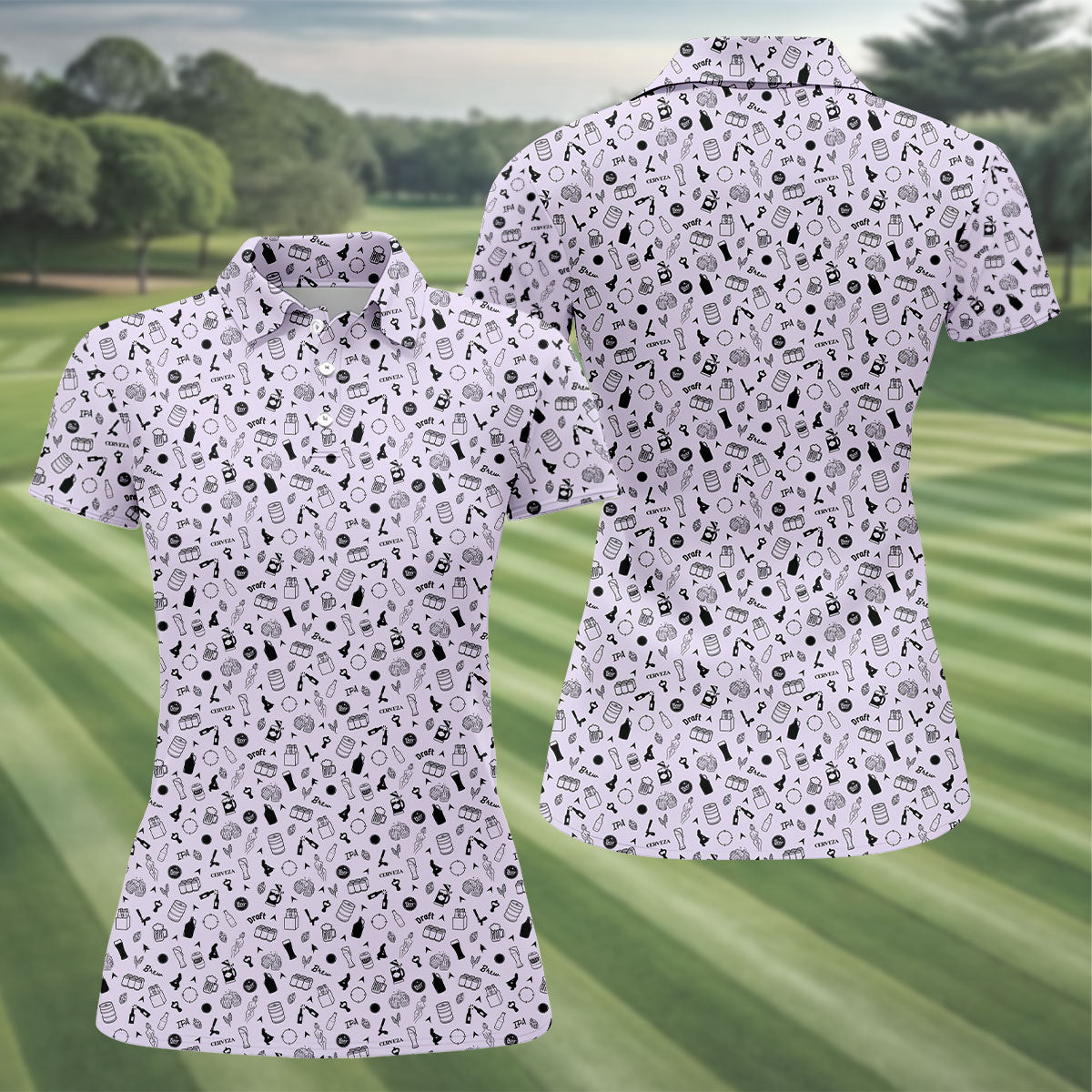 Light Purple Beer Brewing Icons Pattern Polo Shirt, Women’s Golf Apparel, Performance Golf Shirt