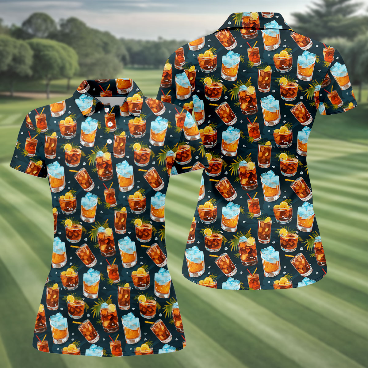Summer Cocktail Pattern Hawaiian Golf Shirt, Golf Polo For Women, Women's Golf Apparel