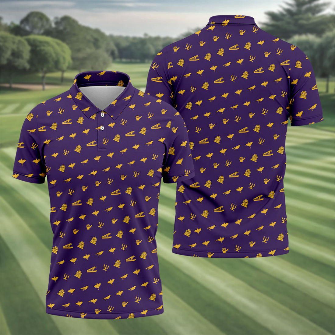 Purple Gravestone Bat Halloween Pattern Polo Shirt, Golf Shirts For Men, Mens Polo Shirts