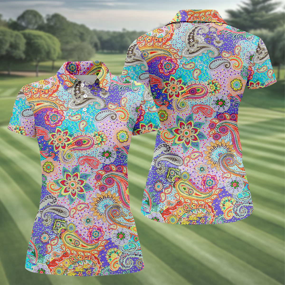 Vibrant Paisley Floral Patchwork Golf Polo Shirt, Ladies Golf Shirt, Golf Tops For Women