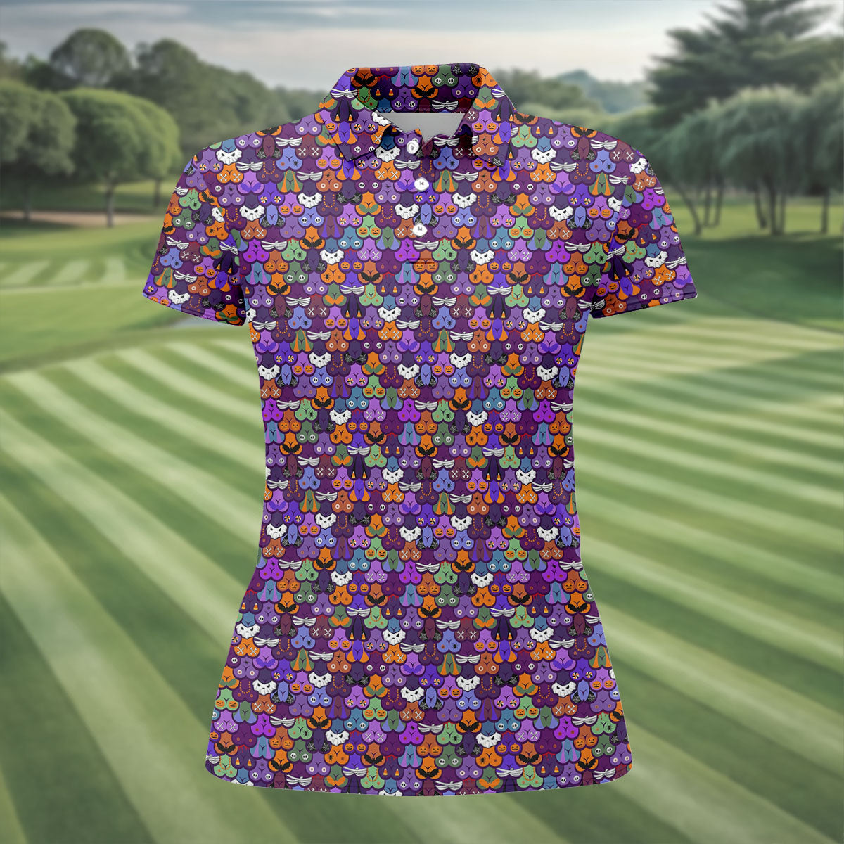 Cute Halloween Icon Pattern Golf Polo Shirt, Women's Golf Polo, Ladies Golf Shirts