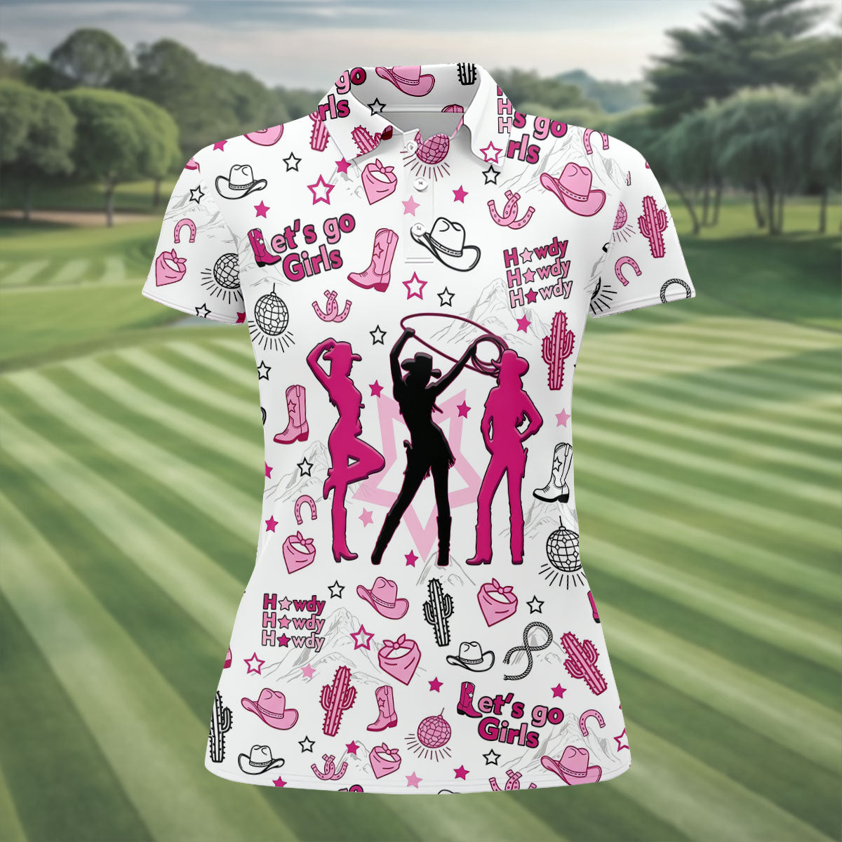 Pink Black Three Cowgirls Western Golf Polo Shirt, Women's Golf Polo, Ladies Golf Tops