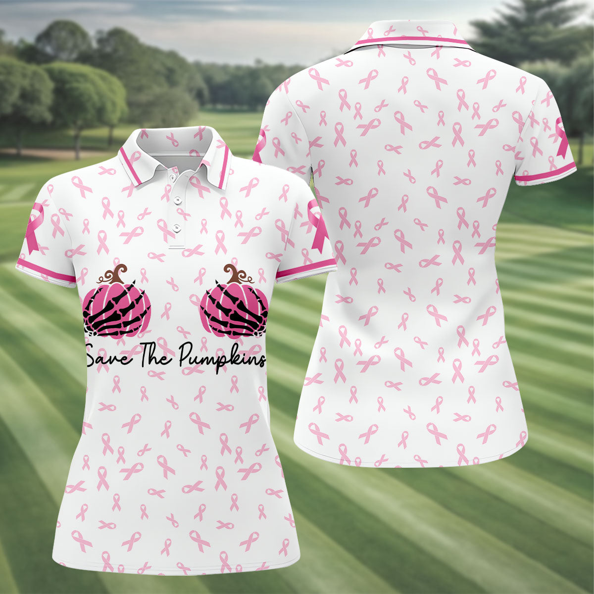 Save The Pumpkins Breast Cancer Ribbon Polo Shirt, Golf Tops For Women, Printed Golf Shirt