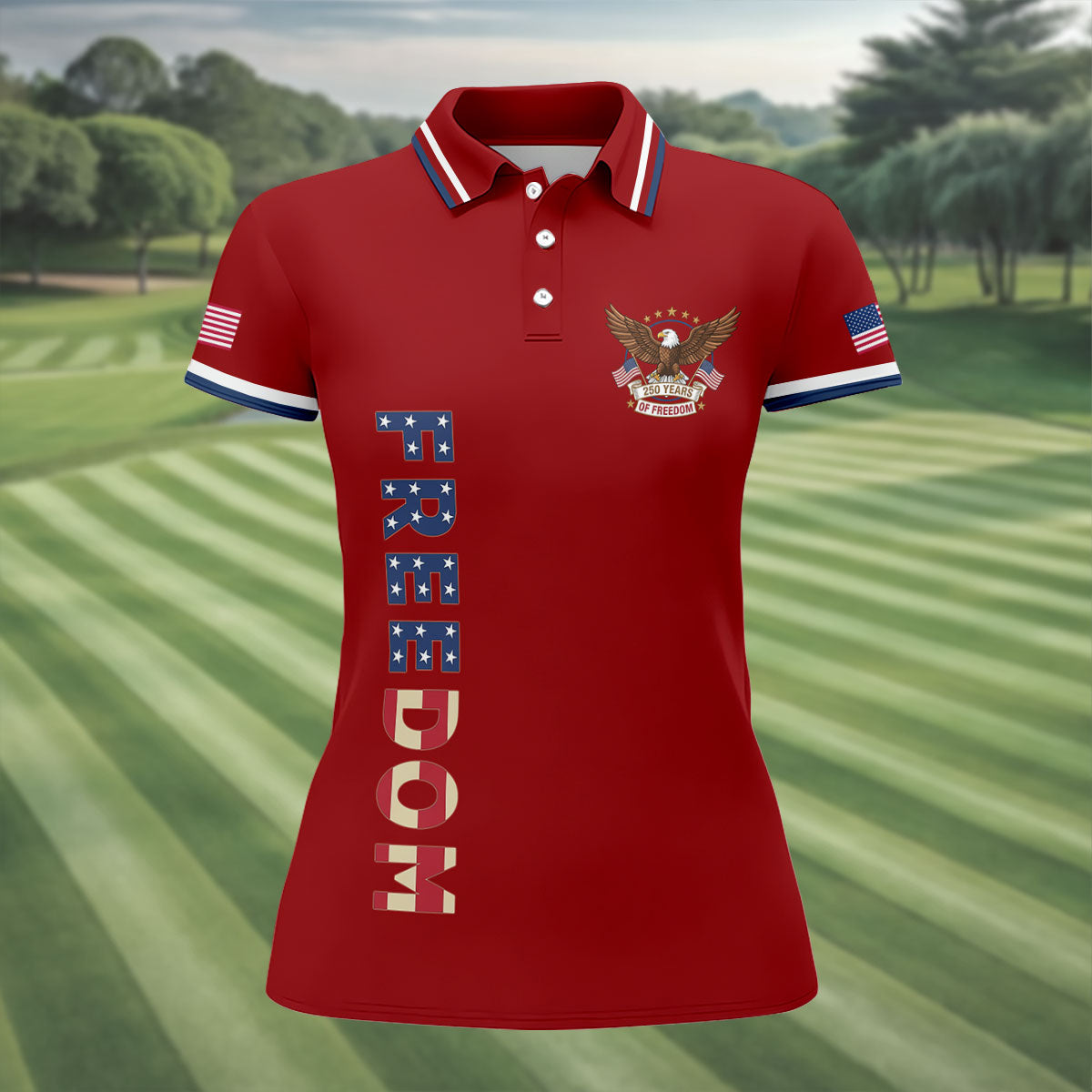 250 Years Of Freedom US Flag Logo Red Golf Shirt, Patriotic 4th Of July Golf Shirt For Women