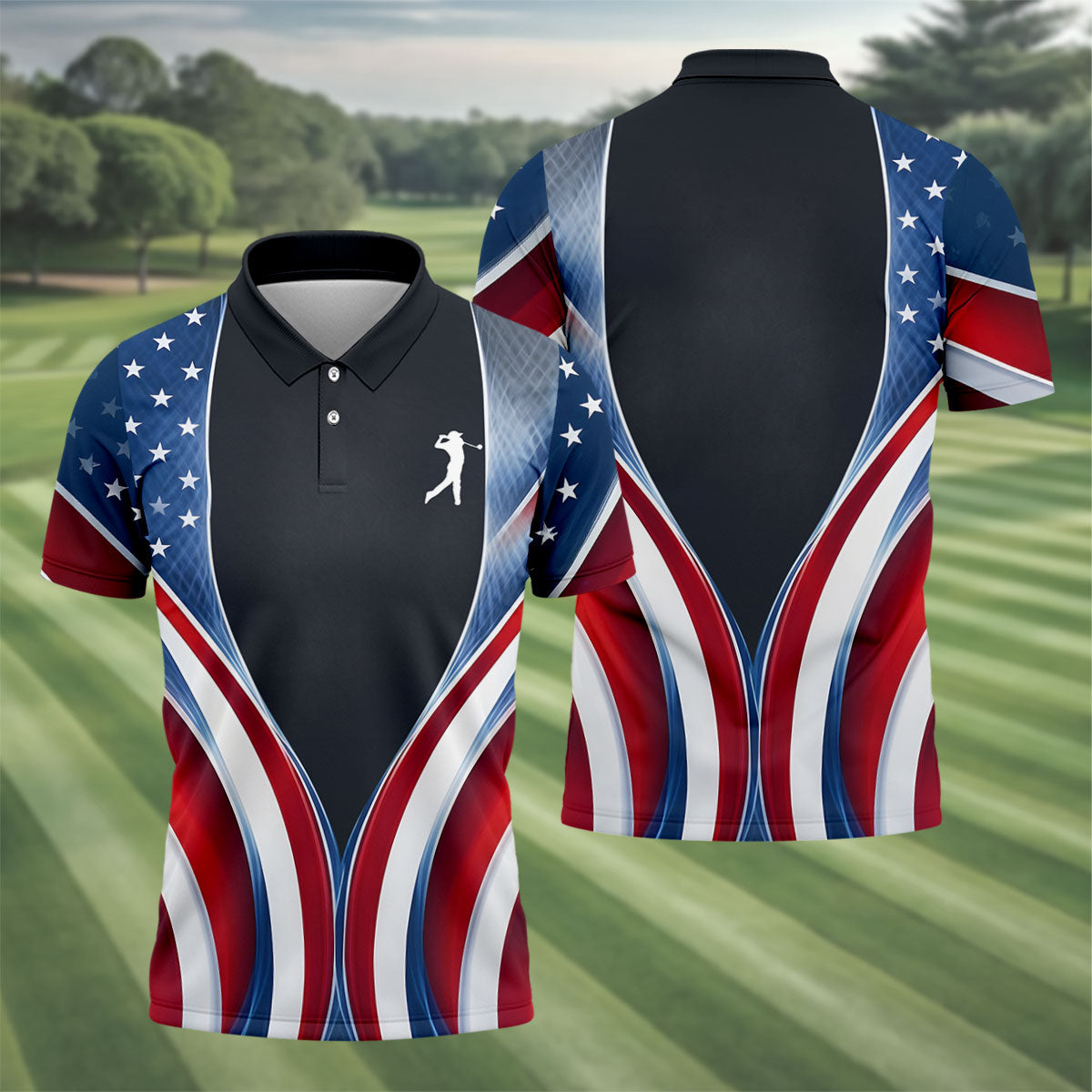 Red White Blue Wavy Stripes Patriotic Golf Shirt, 250 Years 4th Of July Golf Shirts For Men