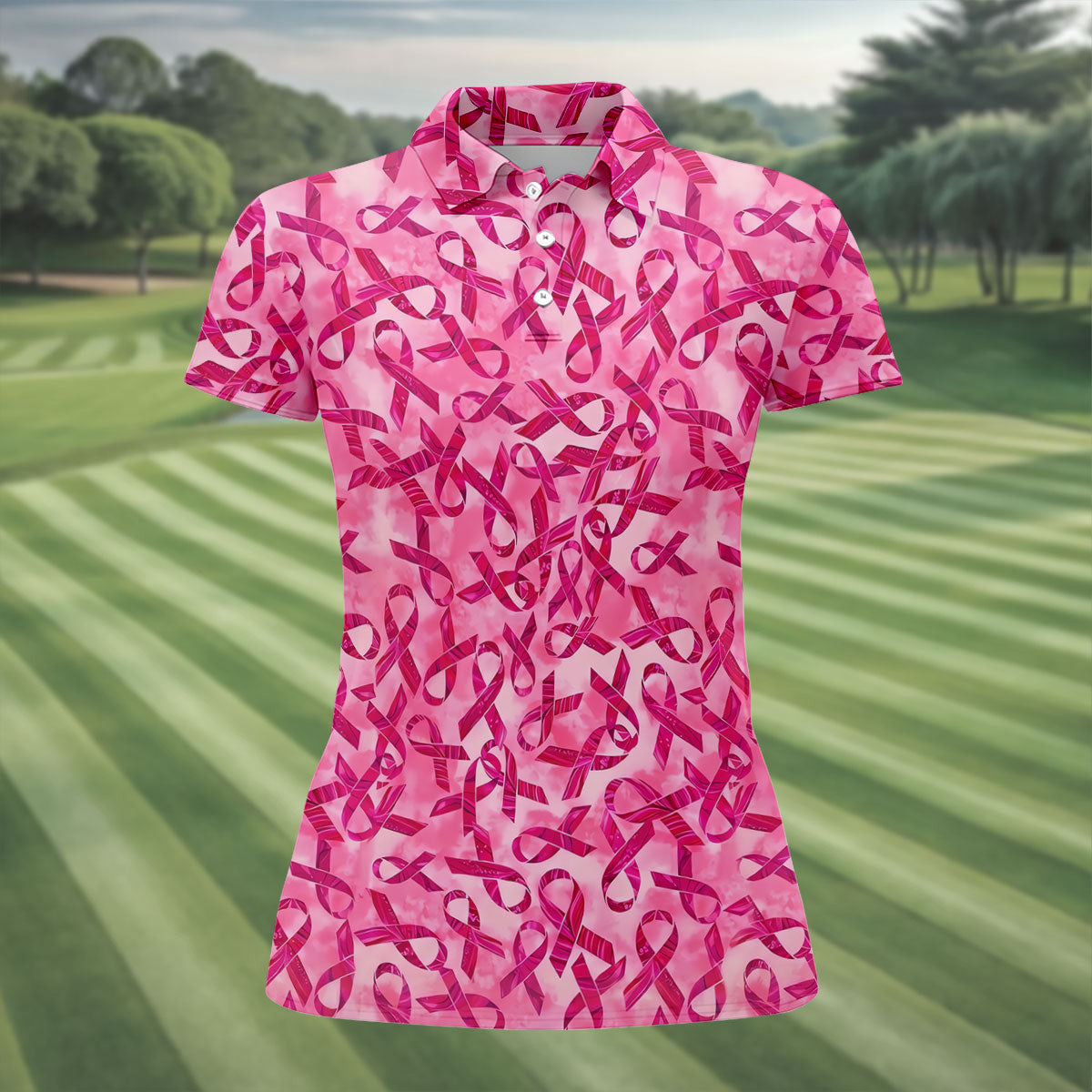 Pink Ribbon Breast Cancer Pattern Polo Shirt, Ladies Golf Shirt, Golf Tops For Women