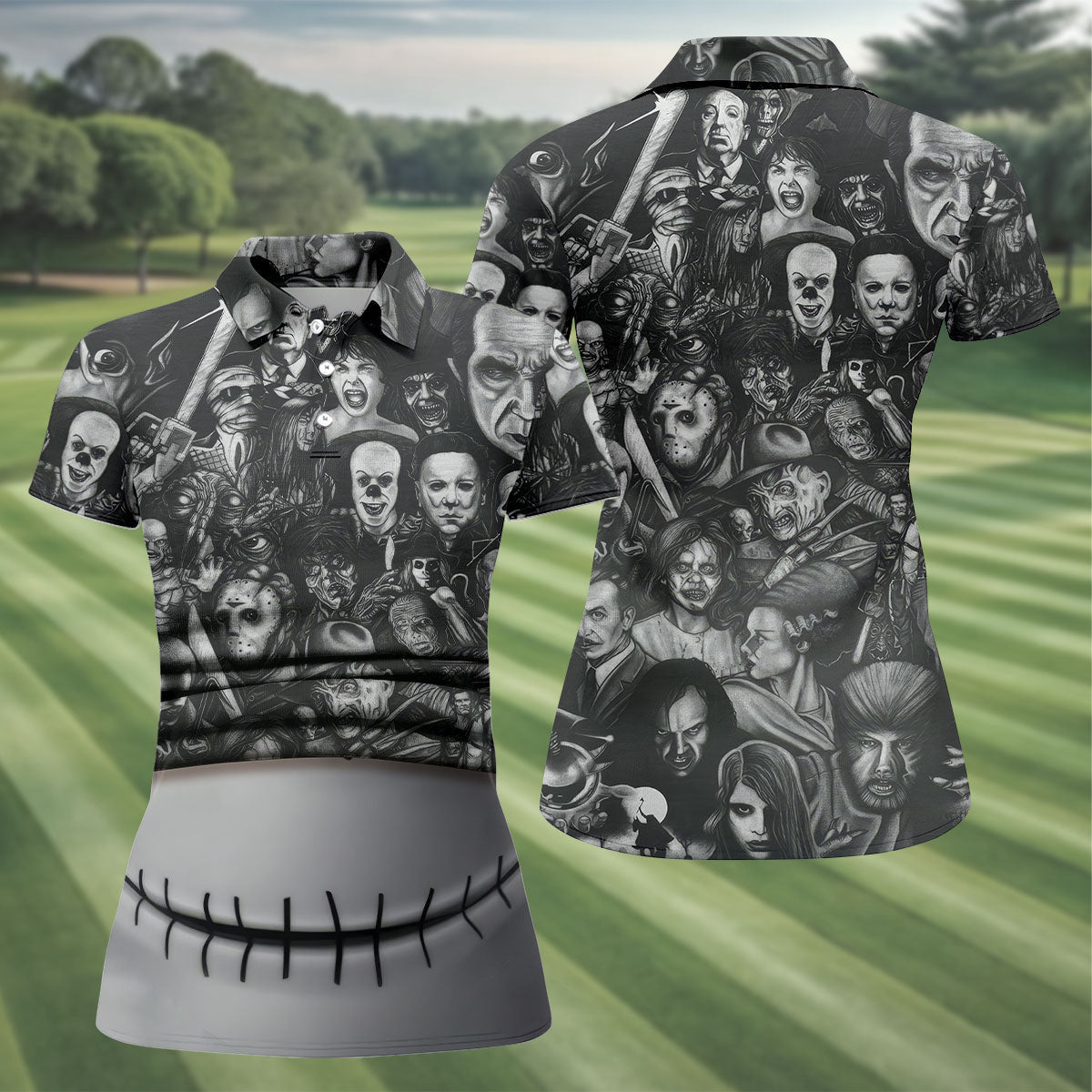 Stitched Skull Horror Character Halloween Polo Shirt, Women's Golf Tops, Ladies Golf Top