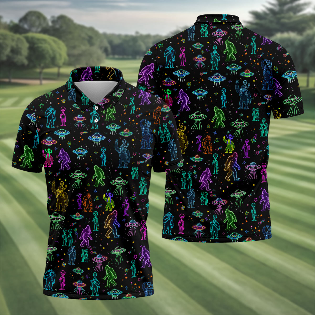 Neon Bigfoot Alien UFO Pattern Golf Polo Shirt, Men's Golf Shirt, Printed Golf Shirts