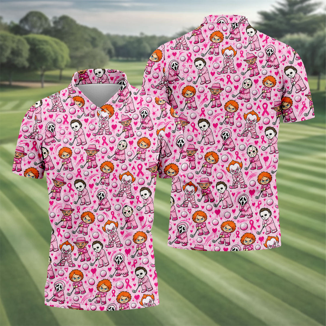 Halloween Horror Character Breast Cancer Polo Shirt, Mens Golf Shirts, Mens Golf Apparel