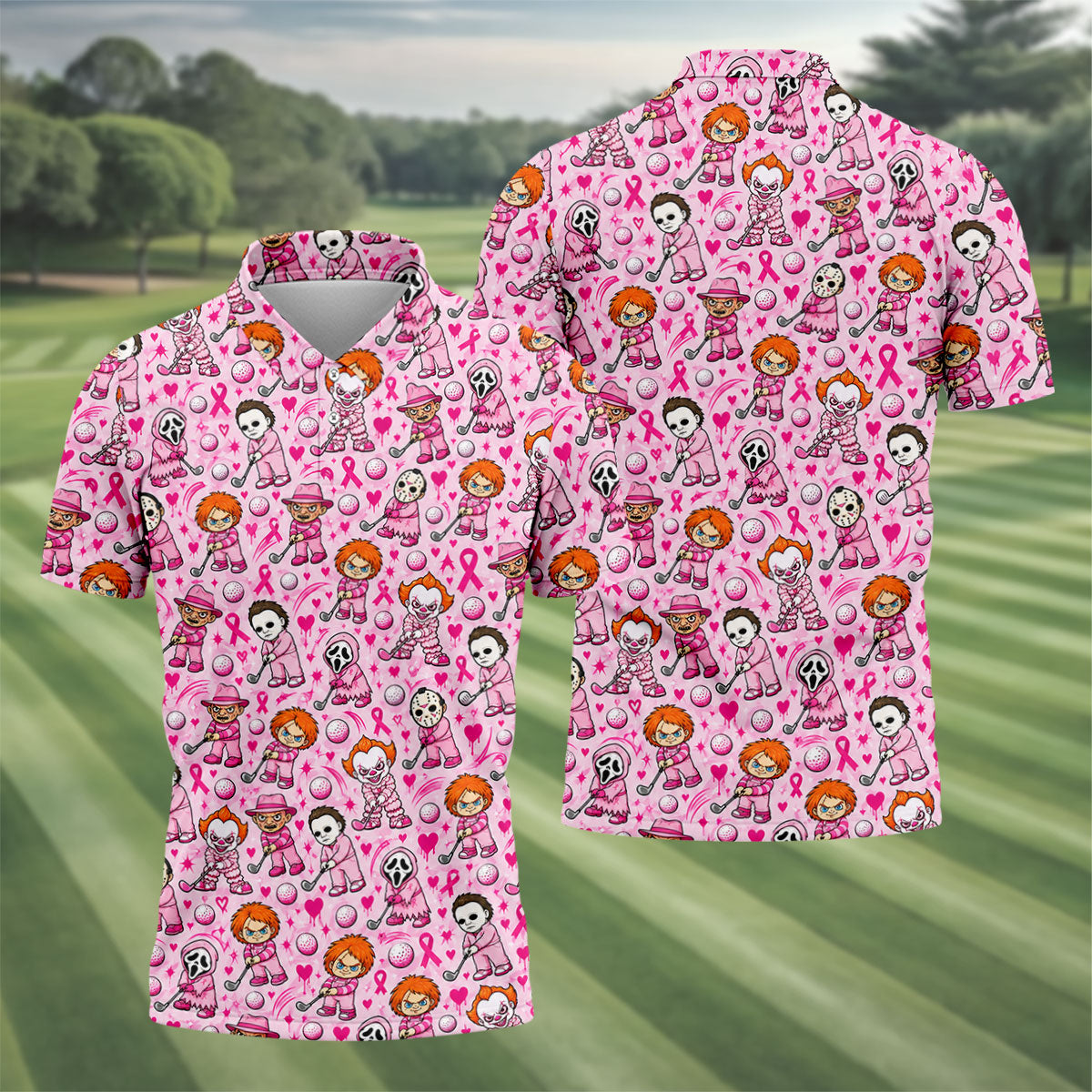 Halloween Horror Character Breast Cancer Polo Shirt, Mens Golf Shirts, Mens Golf Apparel