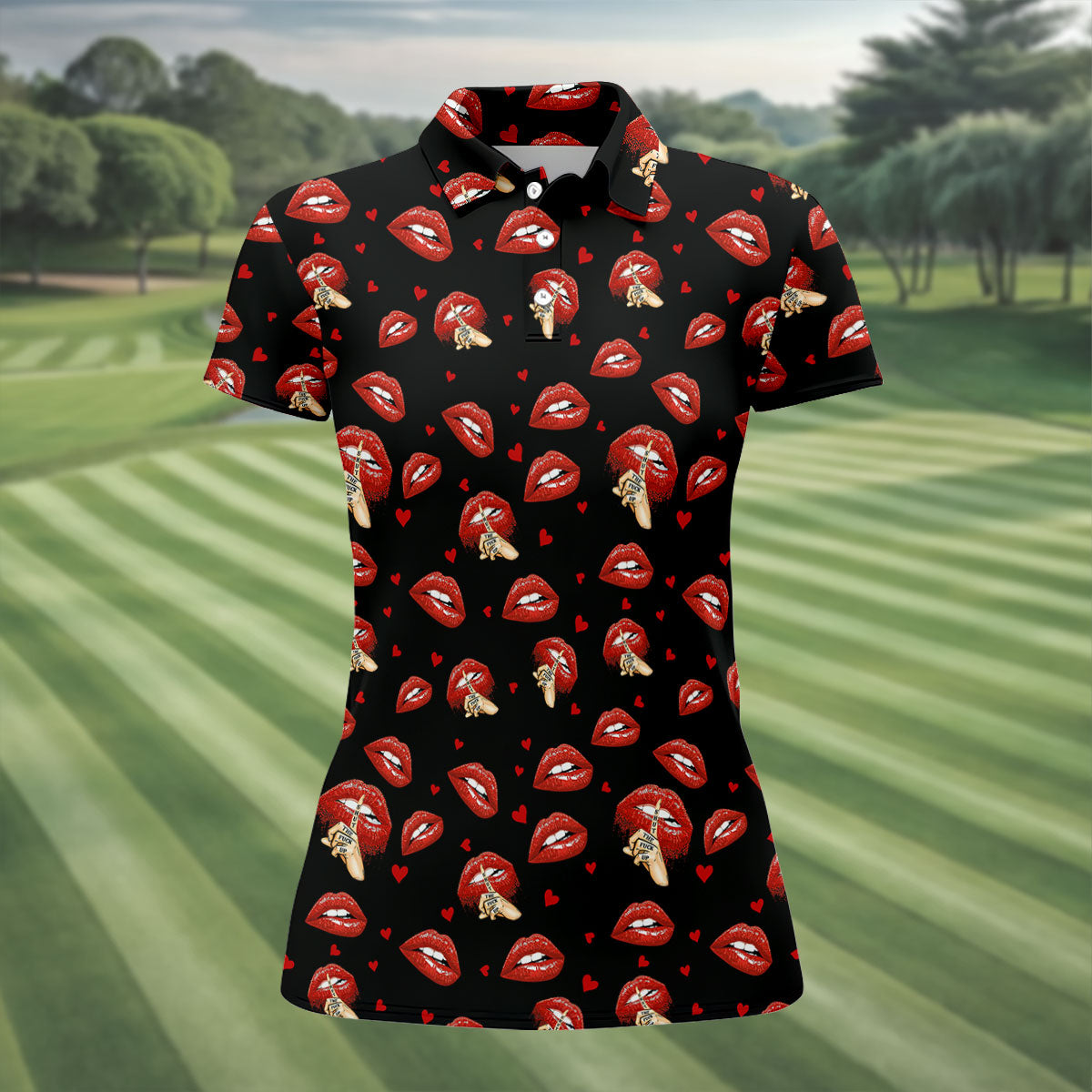Sassy Red Lips Golf Shirt, Funny Valentine Pattern Design, Women’s Golf Polo