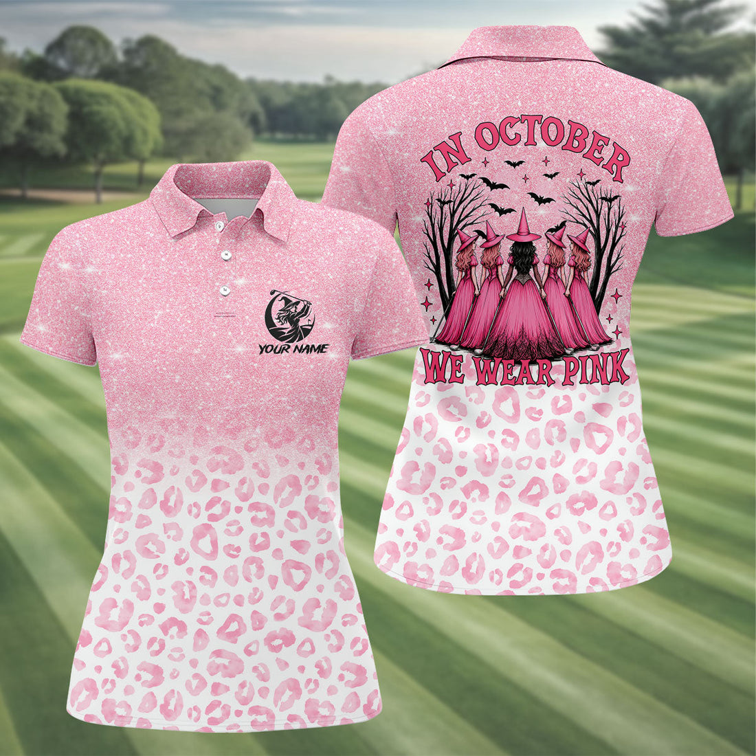 Custom Name In October We Wear Pink Halloween Golf Shirt, Women's Golf Polo, Ladies Golf Top