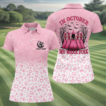Custom Name In October We Wear Pink Halloween Golf Shirt, Women's Golf Polo, Ladies Golf Top