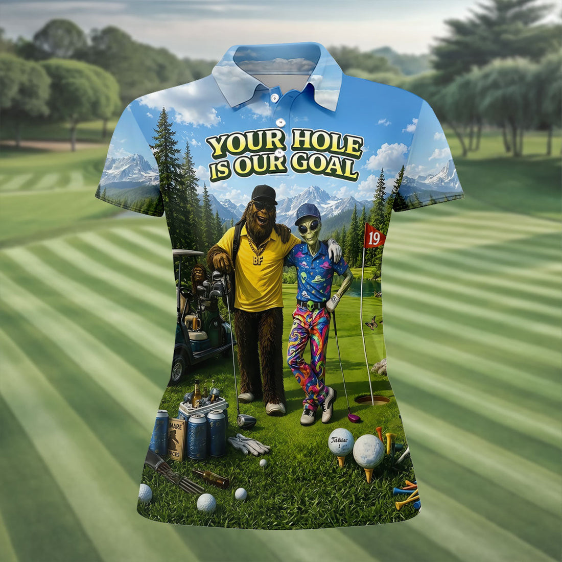 Your Hole Is Our Goal Funny Bigfoot Alien Golf Polo Shirt, Ladies Golf Top, Golf Shirt